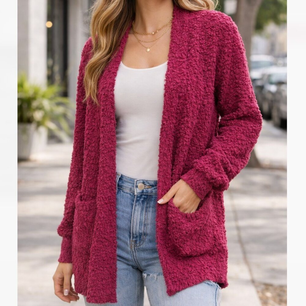 Zenana Popcorn Knit Cardigan 1X Berry Pink Open Front Cozy Chunky Sweater